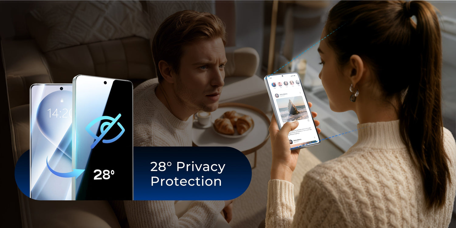 A woman using her smartphone while a man nearby attempts to peek at the darkened screen protected by a 28-degree privacy filter.