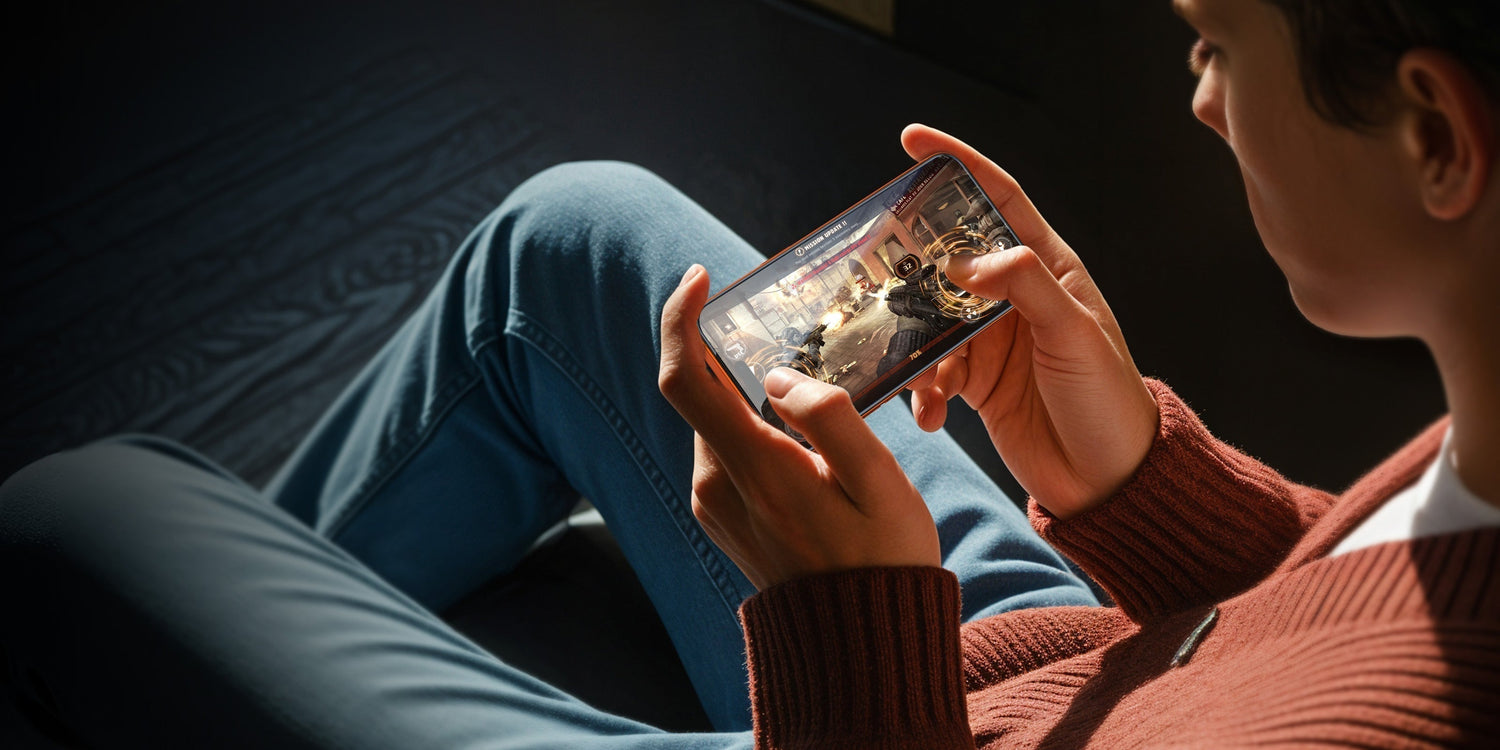 A person holding a smartphone horizontally while actively engaged in a mobile gaming session.