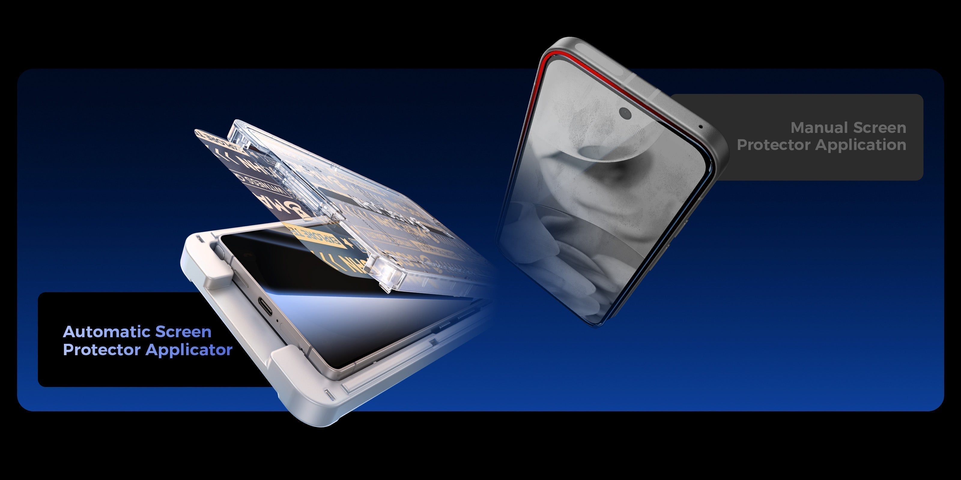 An automatic applicator aligning and pressing a screen protector onto a smartphone.