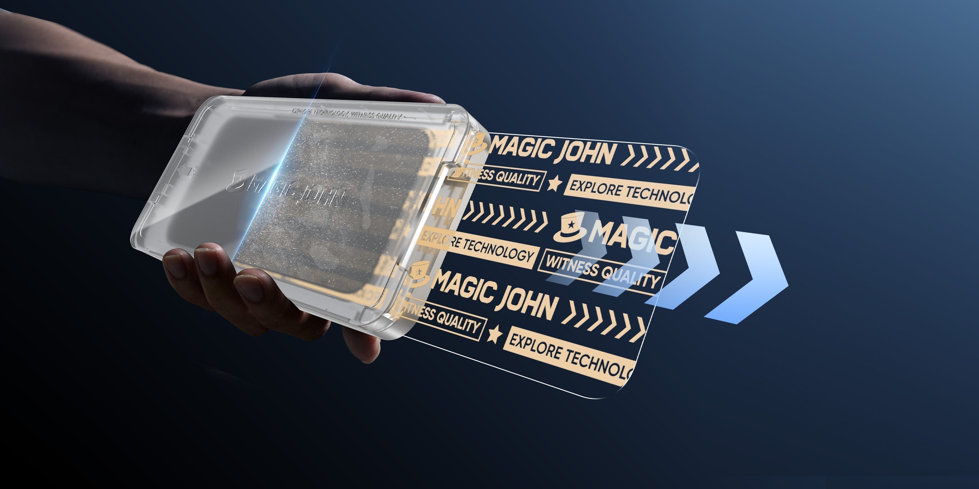 Hand holding a phone screen protector kit while sliding the film out.