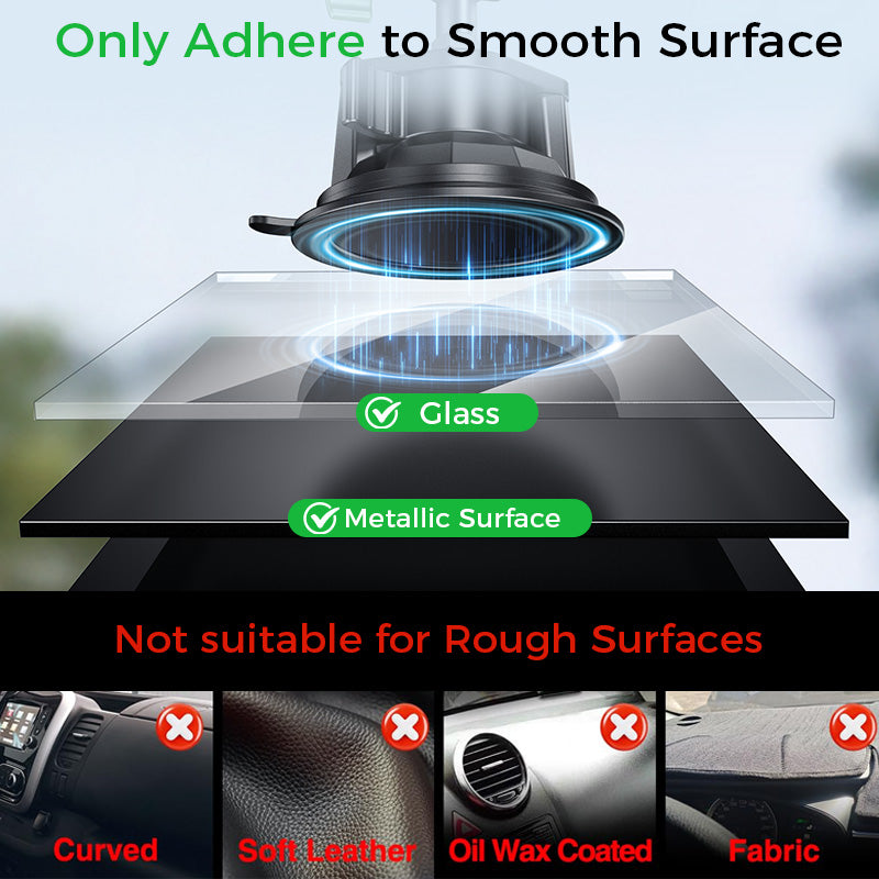 MAGIC JOHN car mount suction adheres to glass and metallic surfaces, not curved, leather, oil wax coated, or fabric.