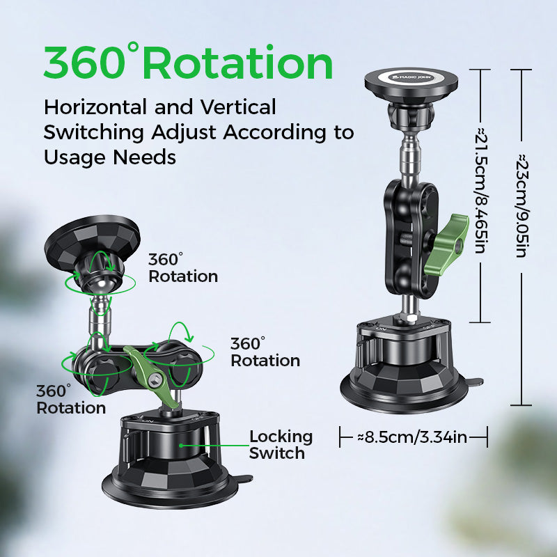 MAGIC JOHN magnetic car mount with 360° rotation, adjustable angles, and suction cup base. Features locking switch.