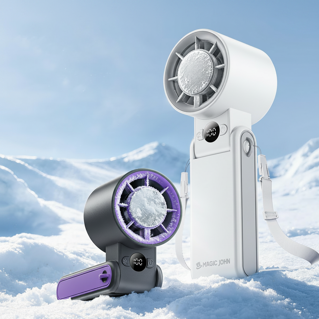 Two handheld fans, one white and one purple and gray, on a snowy background with 'MAGIC JOHN' branding.