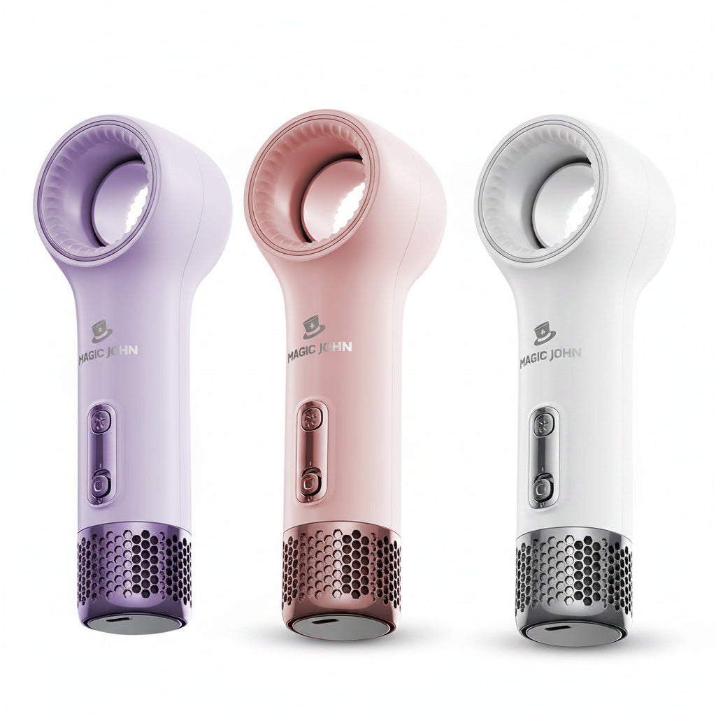 Three hair dryers in purple, pink, and white with 'Magic John' branding on a white background.