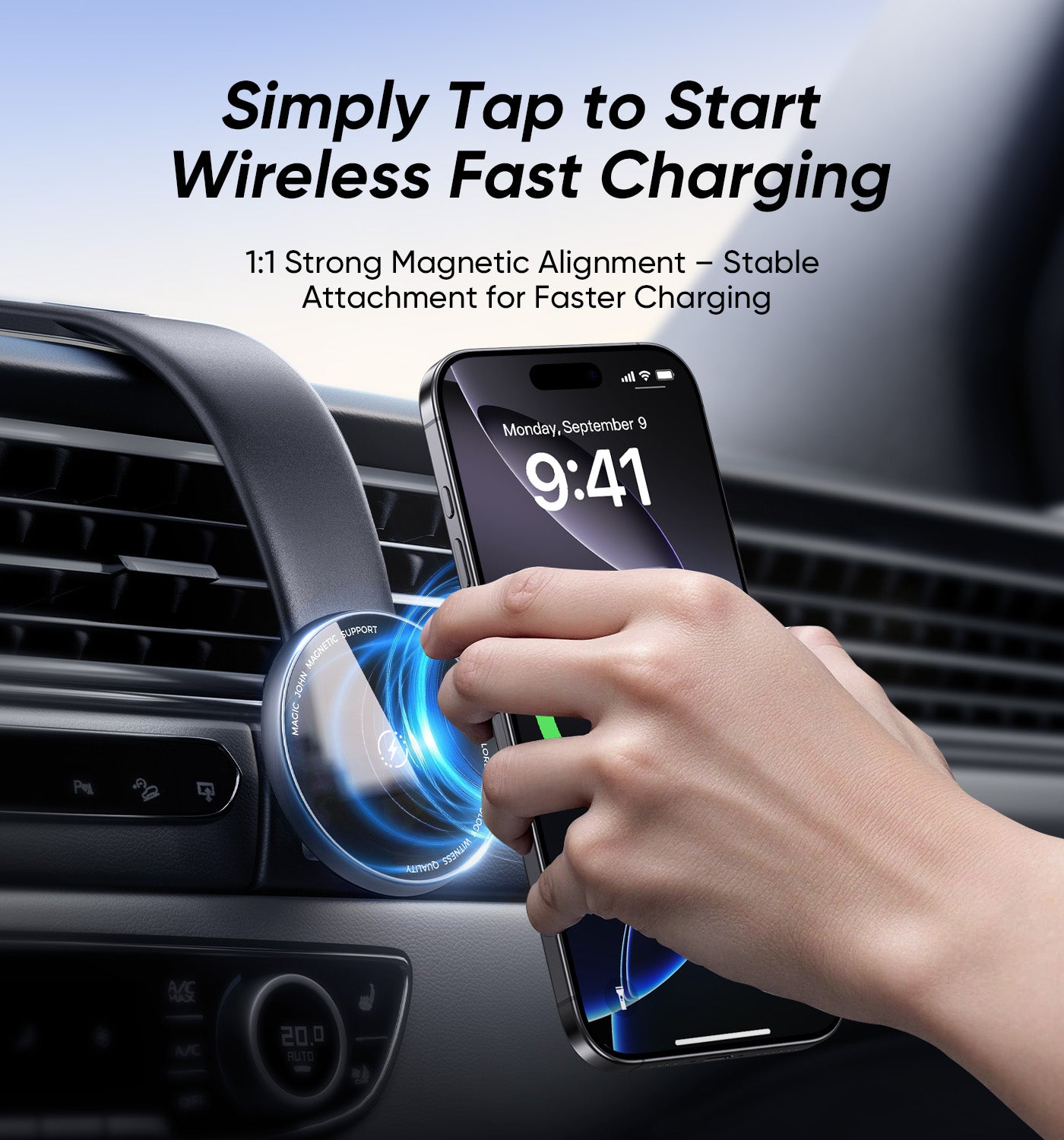 MAGIC JOHN Magnetic Car Mount with Wireless Charging