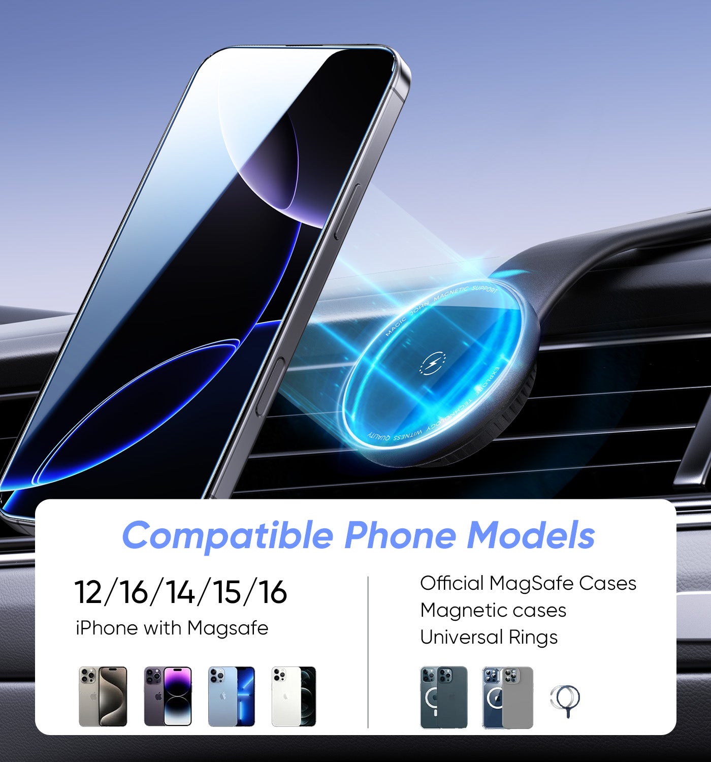 MAGIC JOHN Magnetic Car Mount with Wireless Charging