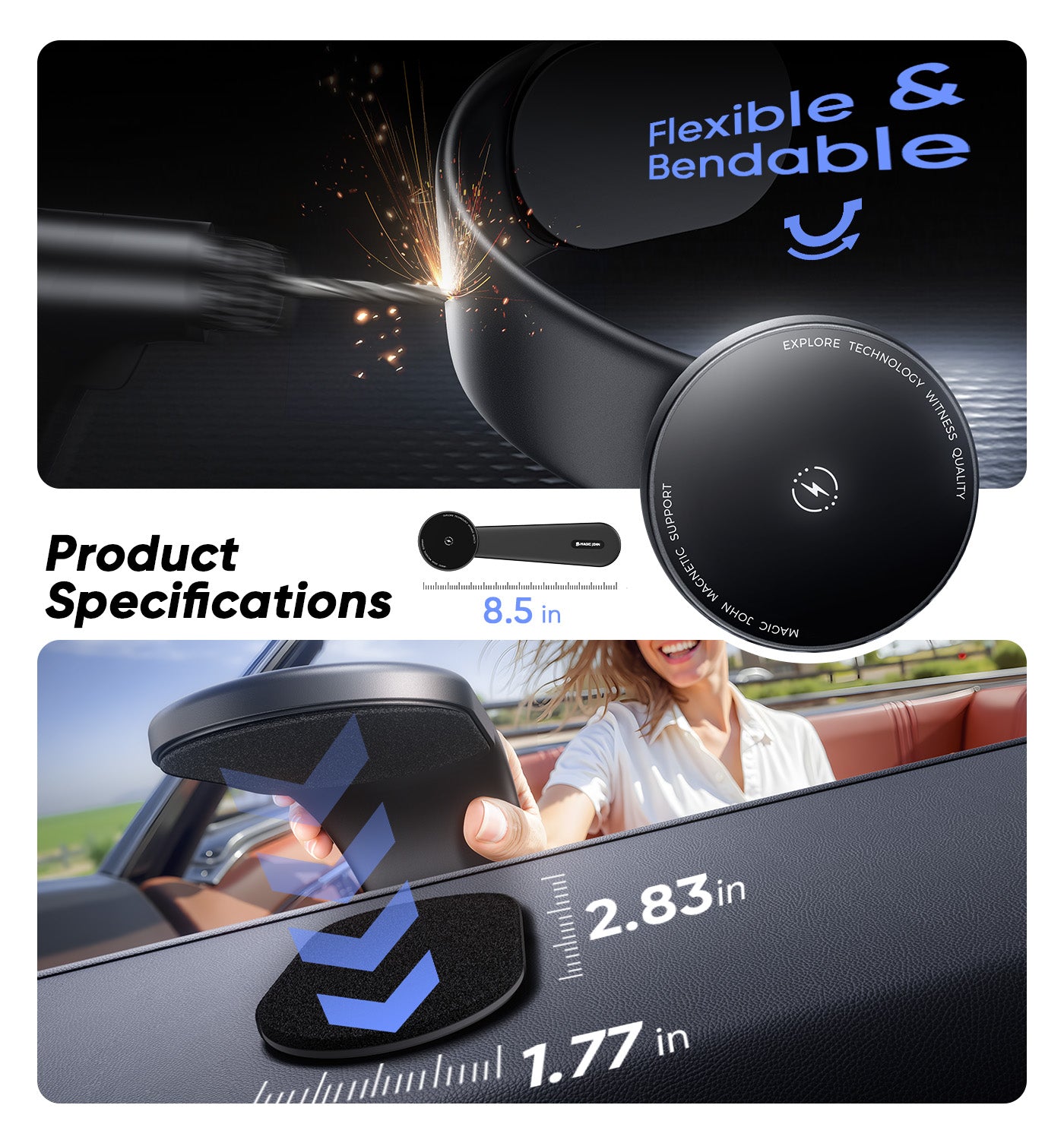 MAGIC JOHN Magnetic Car Mount with Wireless Charging