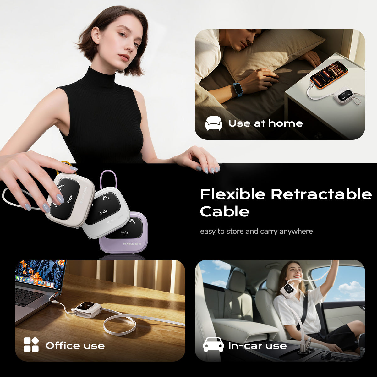 MAGIC JOHN 4-in-1 Retractable 240W Fast Charging Cable