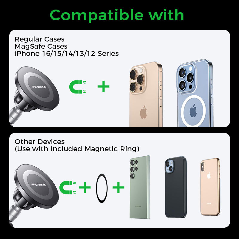MAGIC JOHN magnetic car holder compatible with MagSafe iPhones and other phones with included ring.