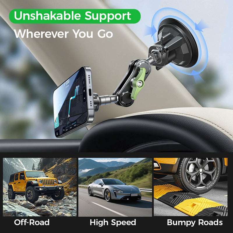 MAGIC JOHN car phone holder, showing off-road, high speed, bumpy roads durability. Text: "Unshakable Support".