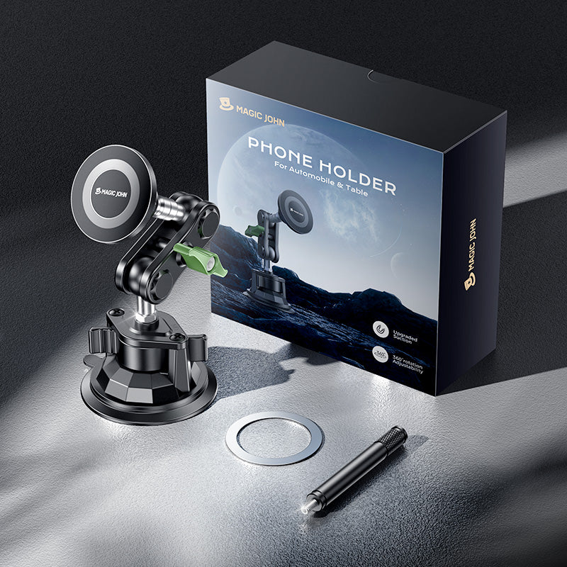 MAGIC JOHN magnetic car phone holder with 360° rotation, reusable suction cup, and adjustable angles.