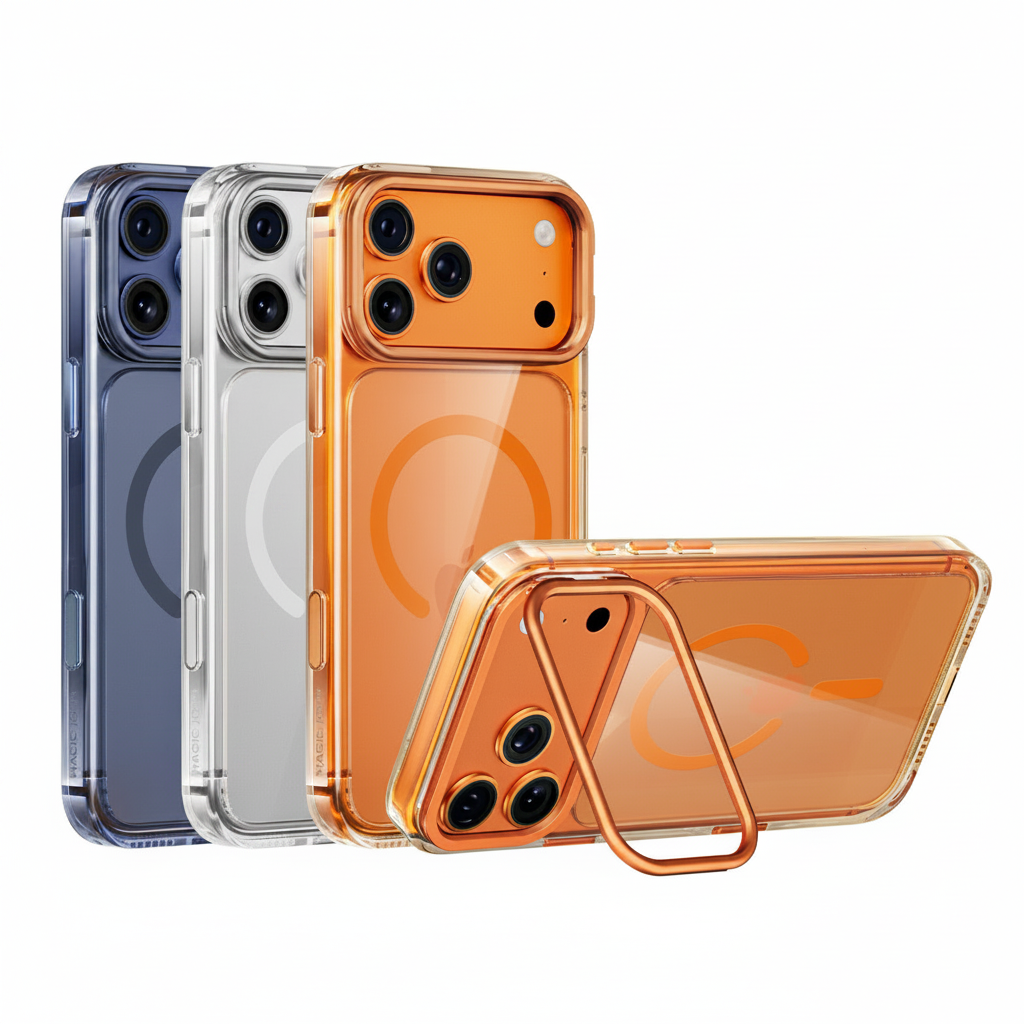 Four phone cases in different colors with 'MAGIC JOHN' branding at the top.