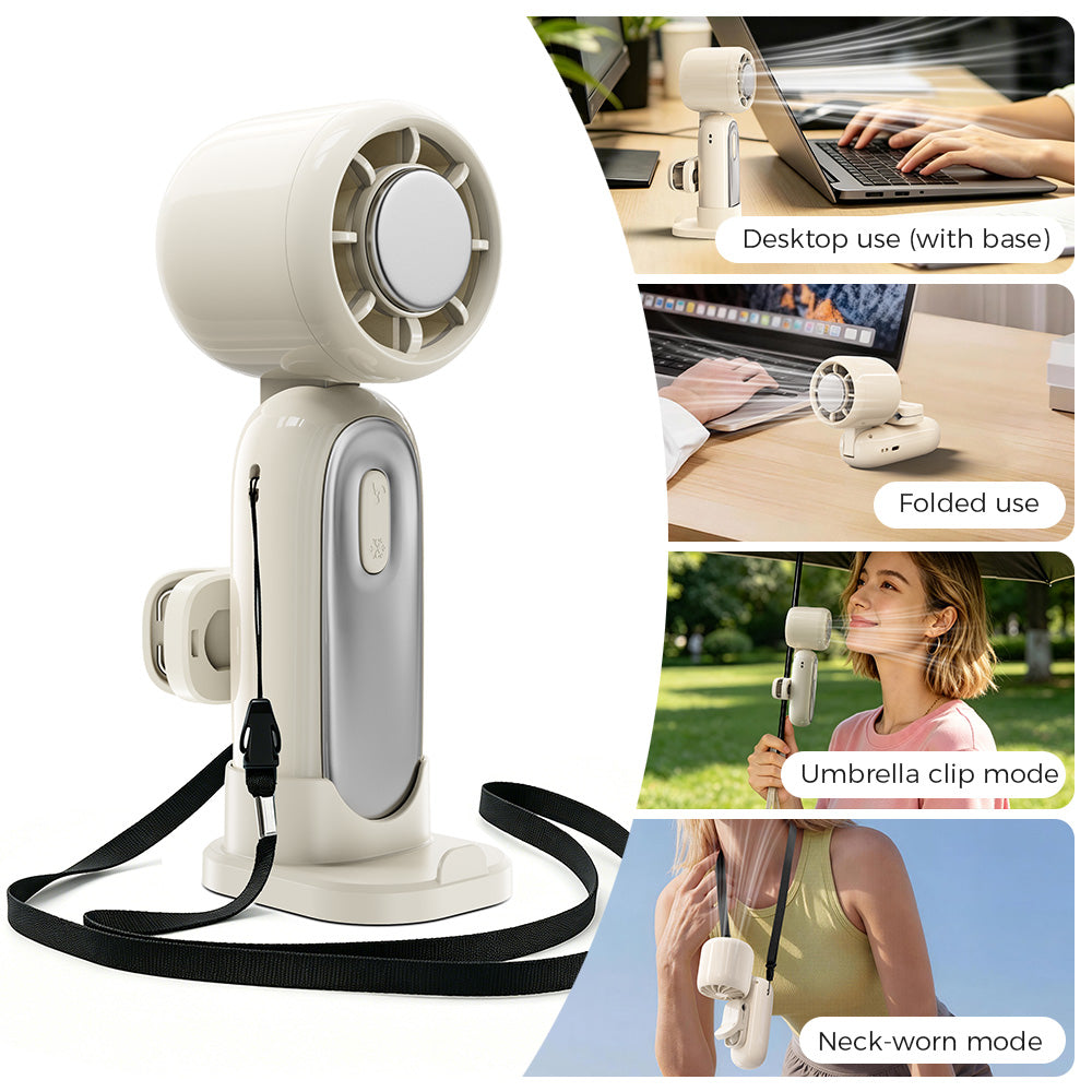 Handheld fan with base, folded use, umbrella clip mode, and neck-worn mode on a white background.