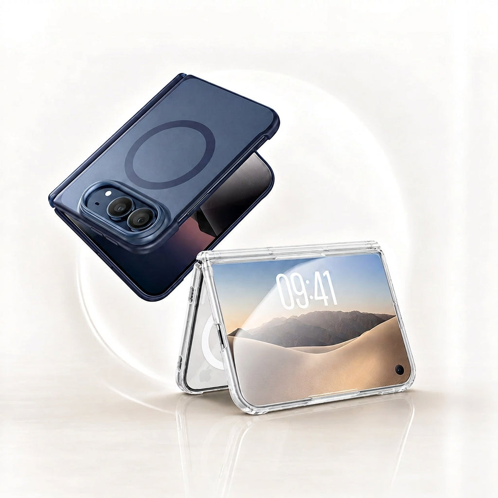 Two Magic John phone cases shown on a clean white background with a gold brand banner at the top. One case is dark navy blue and shown closed, while the other is clear and shown open with a phone inside.