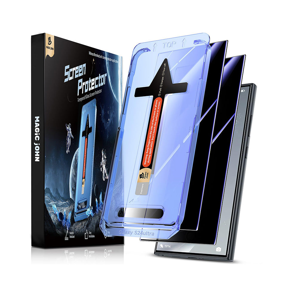 Magic John screen protector kit with a blue protective case holding two tempered glass screen protectors and a black smartphone, shown next to its retail box on a white background.