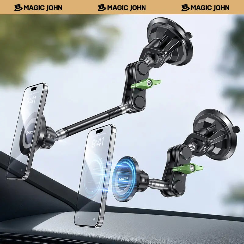 MAGIC JOHN car phone holder with dual magnetic mounts and adjustable arms