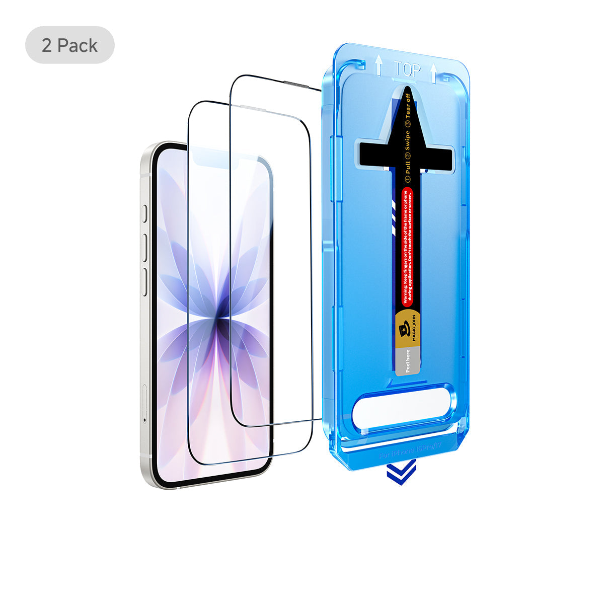 Two phone screen protectors with a blue tool in a clear case on a white background