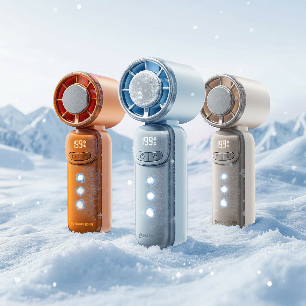 MAGIC JOHN mini handheld cooling fans in snow, 199% digital display for speed settings.