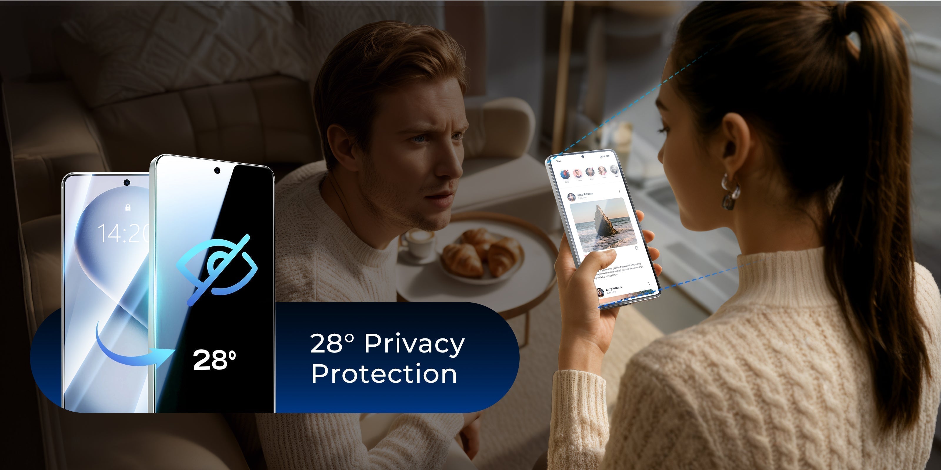 A woman using her smartphone while a man nearby attempts to peek at the darkened screen protected by a 28-degree privacy filter.