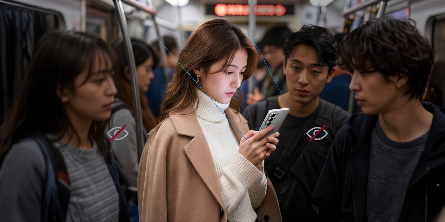 A woman using her smartphone in a crowded subway while passengers standing on either side are blocked from seeing her display.