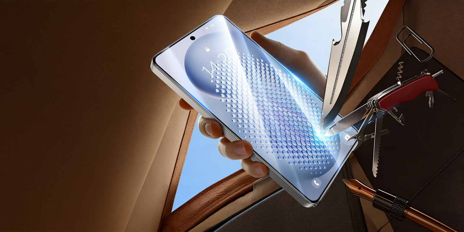 A smartphone screen demonstrating high scratch resistance against various sharp metal tools like knives and paperclips.