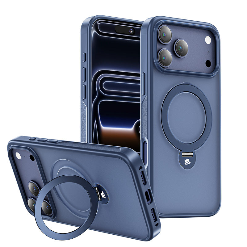 Blue MAGIC JOHN iPhone 17 Pro Max case with invisible magnetic stand and ring.
