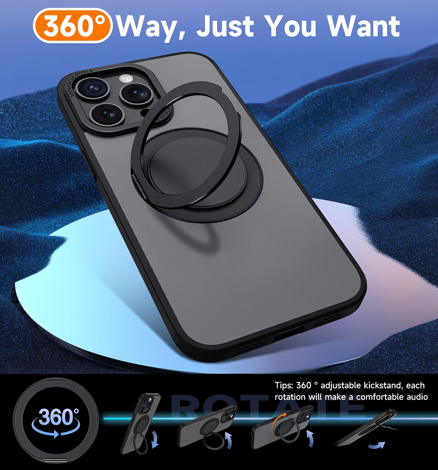 Magic John Phone Case 360° Rotatable Stand with Magnetic Supports in Car Holder and Wireless Charging