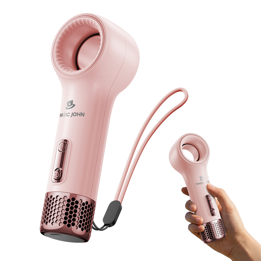 Pink MAGIC JOHN handheld bladeless fan with wrist strap, shown isolated and in hand.