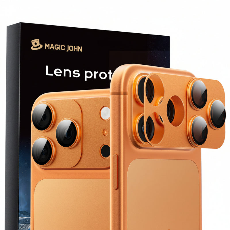 Orange phone case with camera lens protection and 'Magic John' branding.
