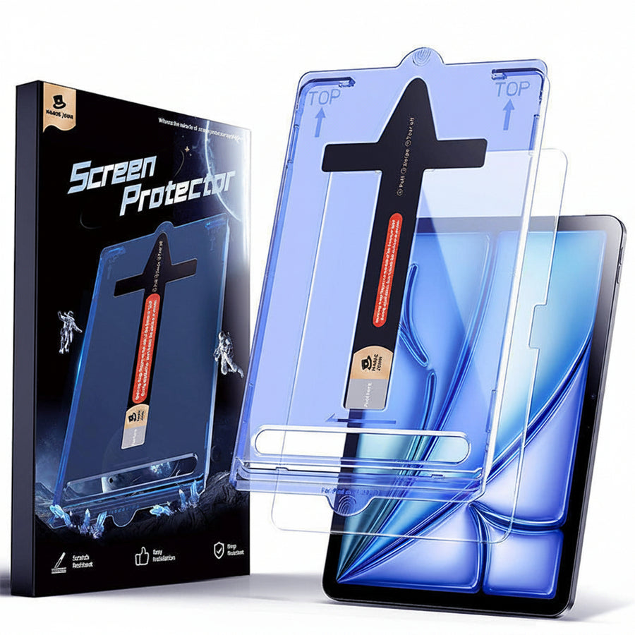 Screen protector with packaging and a tablet on a white background, branded as Magic John.