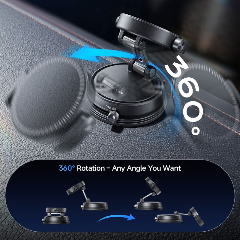 MAGIC JOHN car phone holder showing 360° rotation with adjustable arm on dashboard