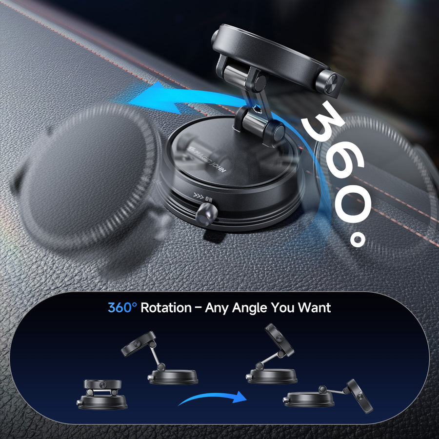 MAGIC JOHN car phone holder showing 360° rotation with adjustable arm on dashboard