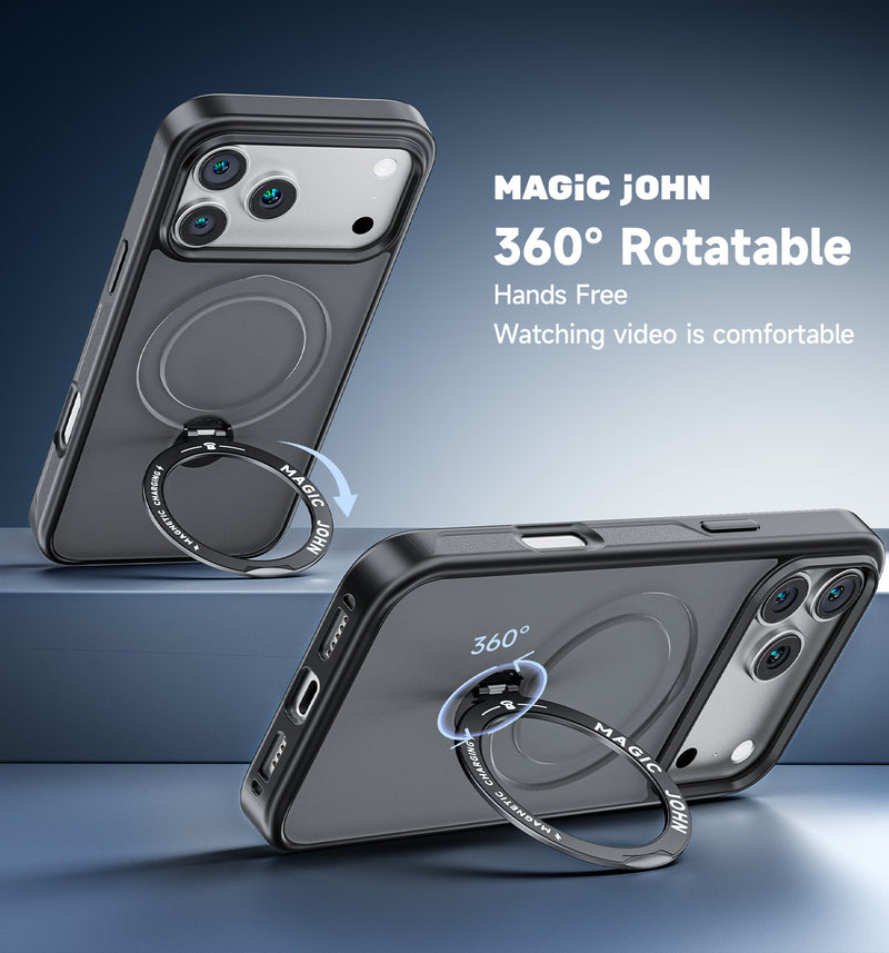 MAGIC JOHN 360° Rotatable iPhone case with magnetic stand for hands-free video watching.