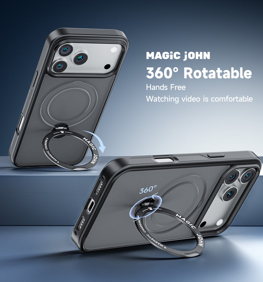 MAGIC JOHN 360° Rotatable iPhone case with magnetic stand for hands-free video watching.