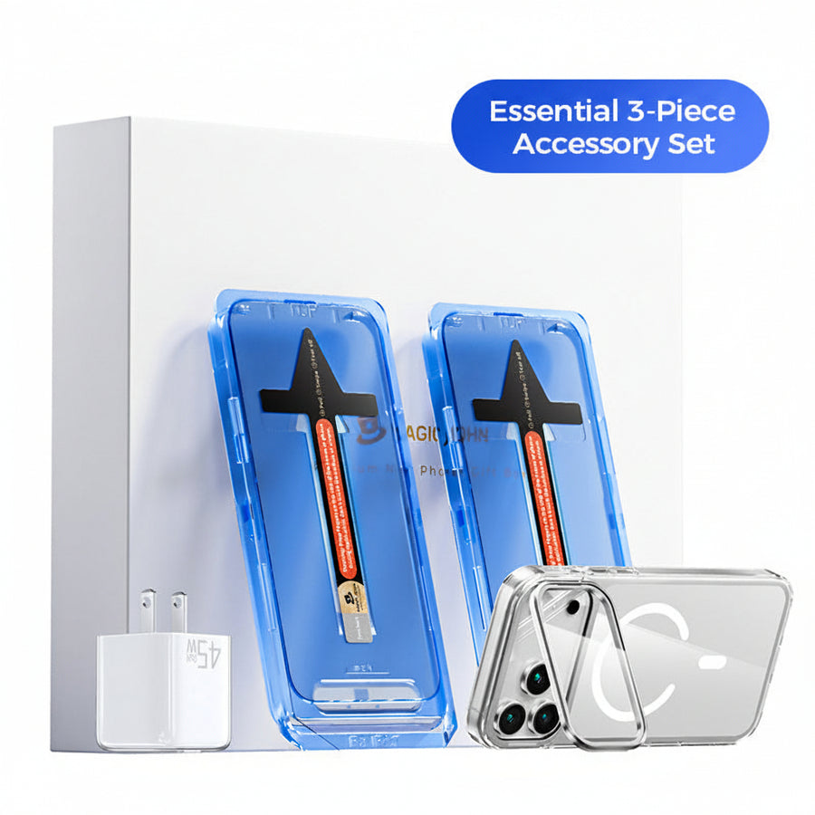 Magic John essential 3-piece accessory set with two blue cases and a clear case on a white background.