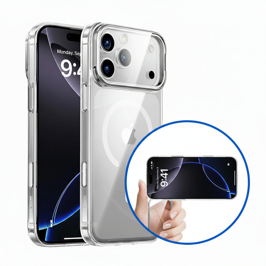 Clear phone case with a hand holding the phone, branded with Magic John.
