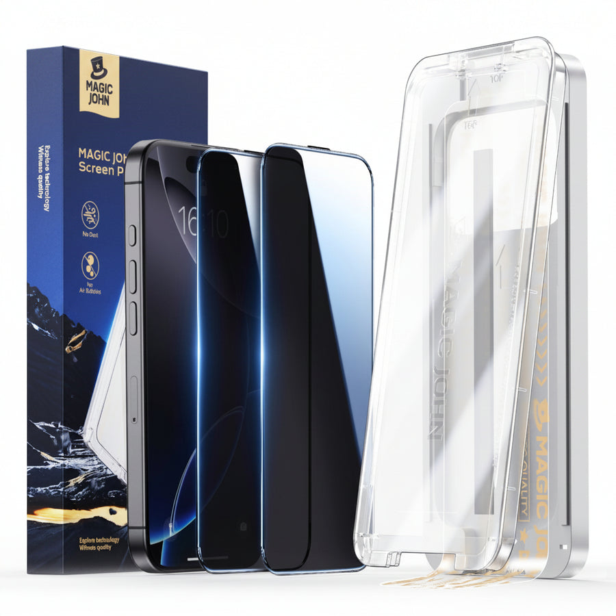 Smartphone with screen protector and Magic John packaging on a white background