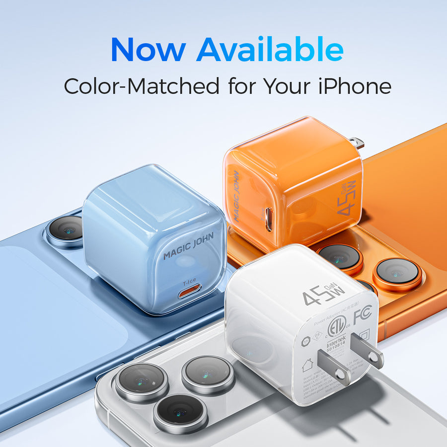 Pairing colorful MAGIC JOHN 45W GaN chargers with color-matched iPhones to showcase a coordinated and stylish aesthetic.