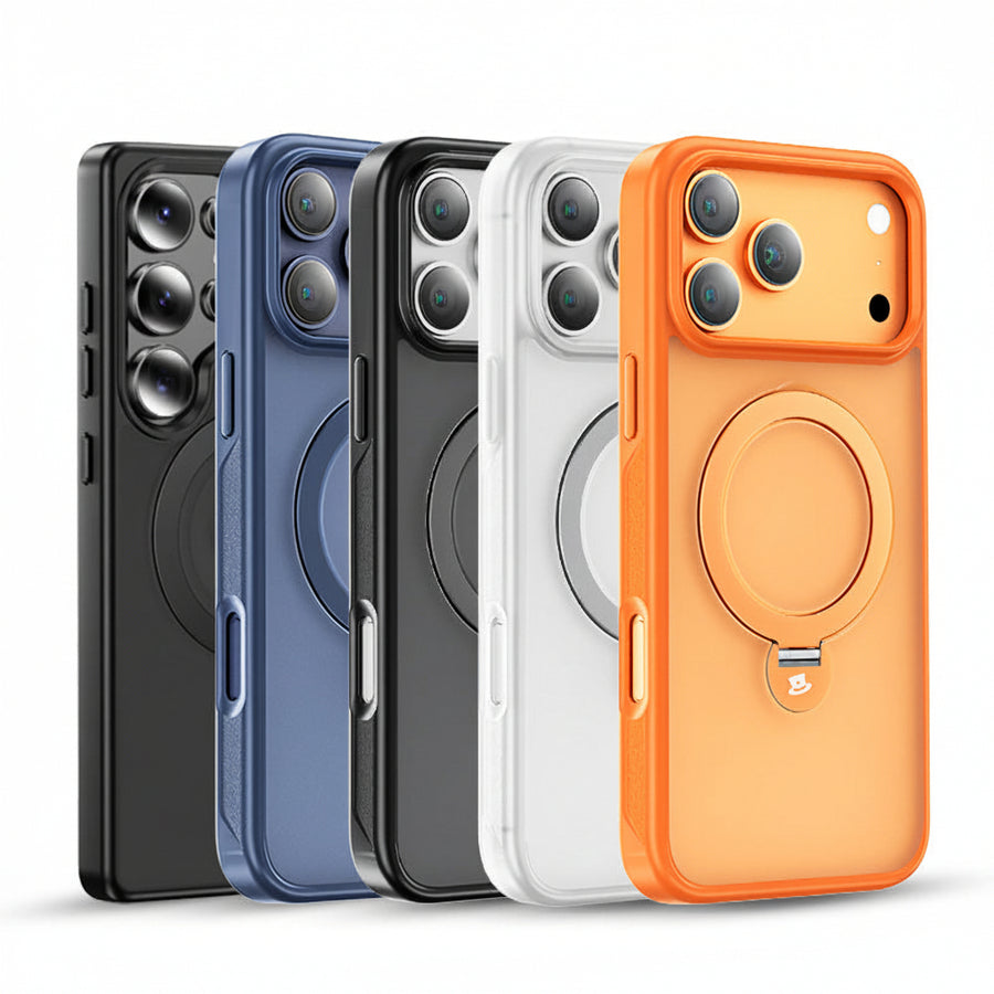 Five phone cases in black, blue, gray, white, and orange with a circular design on a white background.