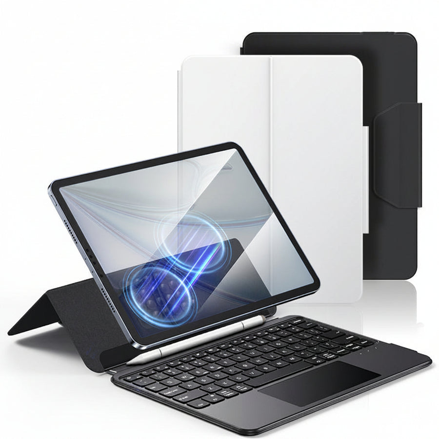 Tablet with keyboard and screen protector on a white background, branded with Magic John.