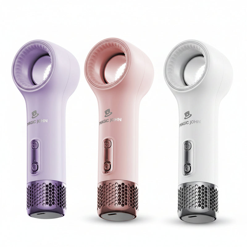 Three hair dryers in purple, pink, and white with 'Magic John' branding on a white background.