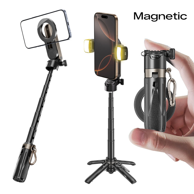 Handheld phone holder with stand and clip on a white background