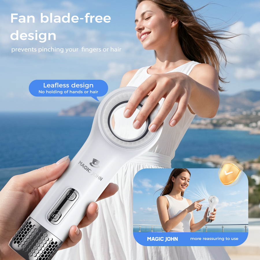 MAGIC JOHN white handheld fan with a safe bladeless design that prevents pinching fingers and hair