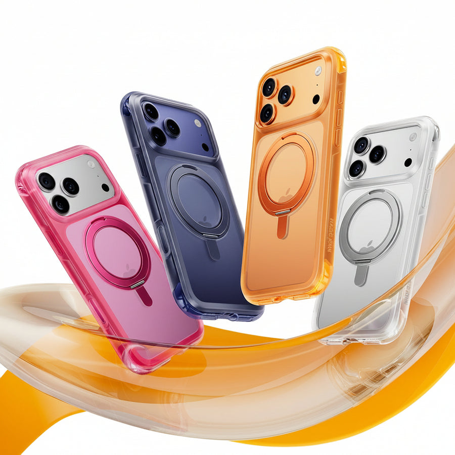 MAGIC JOHN Guardian iPhone cases with MagSafe kickstand in orange, black, blue, white and rose red.