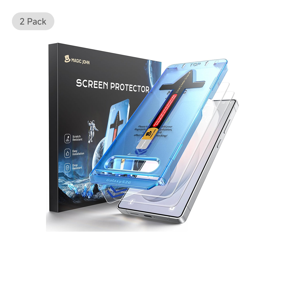 Screen protector packaging for Samsung S26 with a phone case on a white background