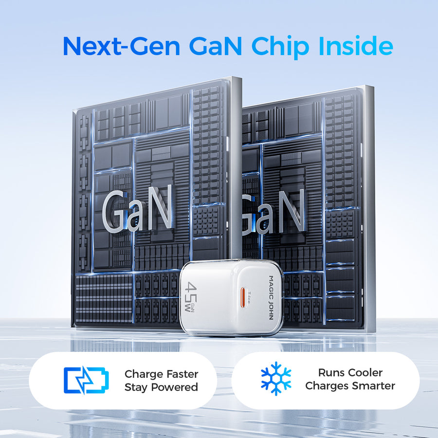 Showcasing the next-gen GaN chip technology inside a MAGIC JOHN 45W charger that allows for faster charging while running cooler.
