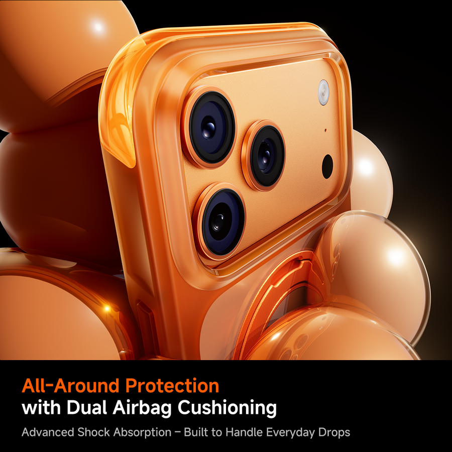 Gold phone case with dual airbag cushioning feature on a dark background
