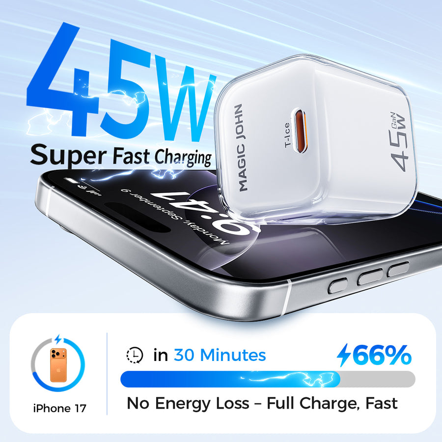 MAGIC JOHN 45W USB-C fast charger on an iPhone 17 showing 66% charge in 30 minutes.