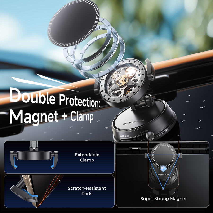 MAGIC JOHN 360° car phone holder with magnetic and clamp double protection, extendable clamp, and scratch-resistant pads.