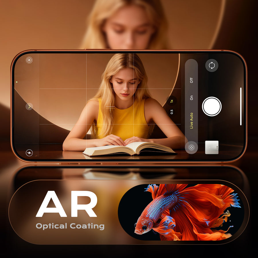 MAGIC JOHN Magnetic Lens Protector: Woman reading book in phone camera view, AR Optical Coating with betta fish.